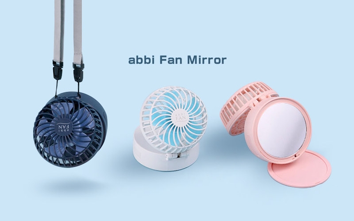 背面ミラー付きで卓上・手持ち・首かけの兼用ができる「abbi Fan Mirror」