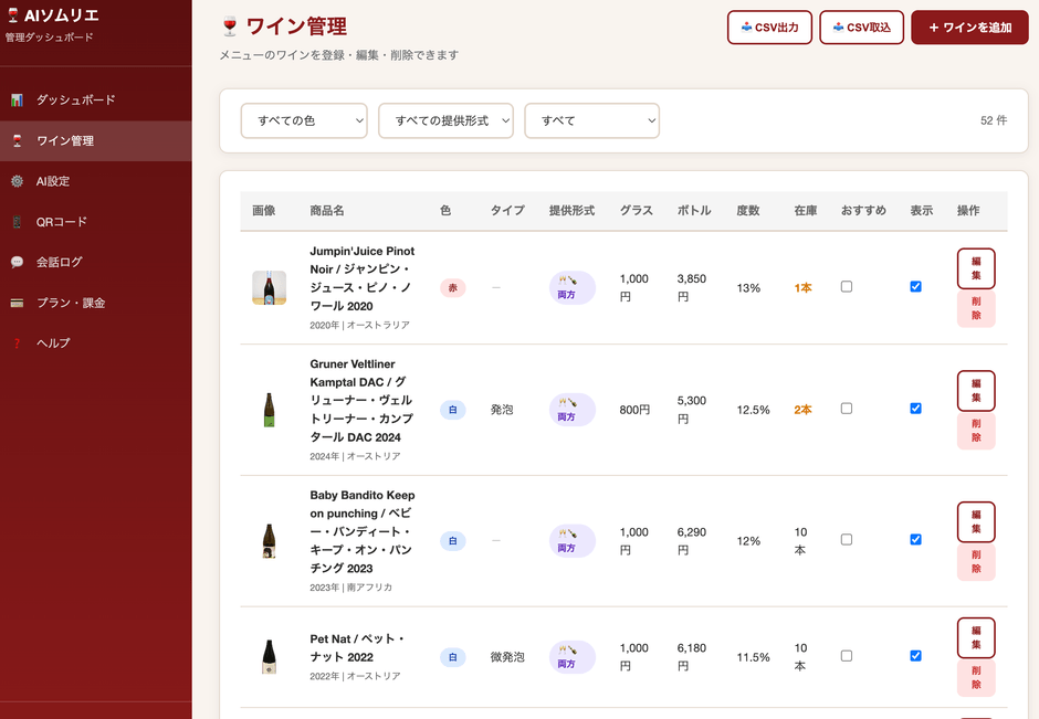 ユーザー管理画面(登録したワイン一覧)