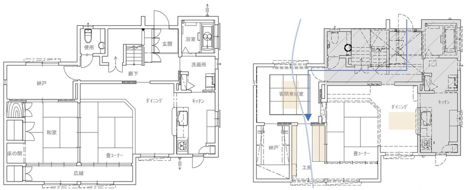 富沢さんのお住まいの間取り　リフォーム前／リフォーム後