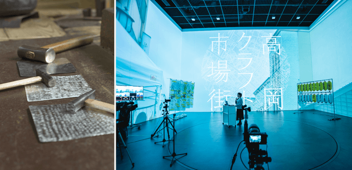 左:島谷氏が鍛金により仕上げる「すずがみ」、中央:配信が行われるバーチャルスタジオ、右:若狭氏の音楽制作中の様子