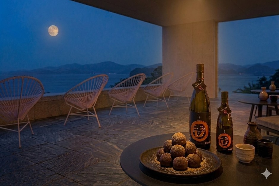 夜更けになると月が海へと沈む ※月見酒のイメージ
