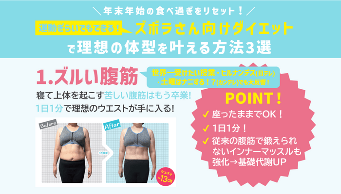 年末年始の食べ過ぎには【ズボラさん向けダイエット】ヒルナンデス！で紹介され話題の「ズルい腹筋」も