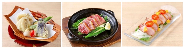 （左）近大産シロギスと夏野菜の天麩羅　（中央）近大おいし鴨ロース肉の鉄板焼き　（右）近大おいし鴨もも肉と玉葱のサラダ～実がたっぷりドレッシング～