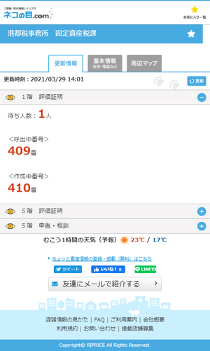 港都税事務所(固定資産税課)　混雑情報サイト画面