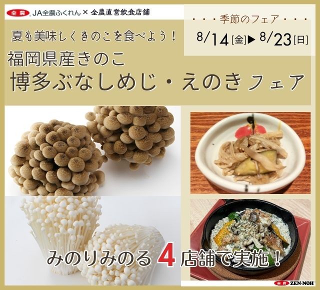 ~夏も美味しくきのこを食べよう!~
全農直営飲食店舗で「福岡県産ぶなしめじ・えのきフェア」を
8月14日(金)~8月23日(日)に開催