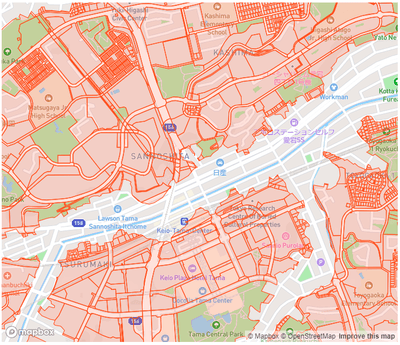 TerraMap APIから取得した登記所備付地図データのポリゴンを描画した例