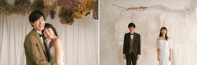 スタジオANには他にも、ドライフラワーやグリーン、ドリームキャッチャーなどが飾られたさまざまな背景があり、挙式風ショットも人気です。