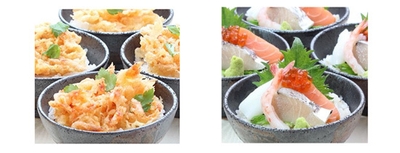(左)桜エビのかき揚げ丼 (右)五種の海鮮丼