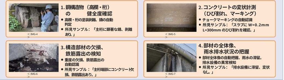 AIが生成した所見文の例。変状の種類、位置、寸法を判読し、国土交通省の様式に沿った文章として出力します。
