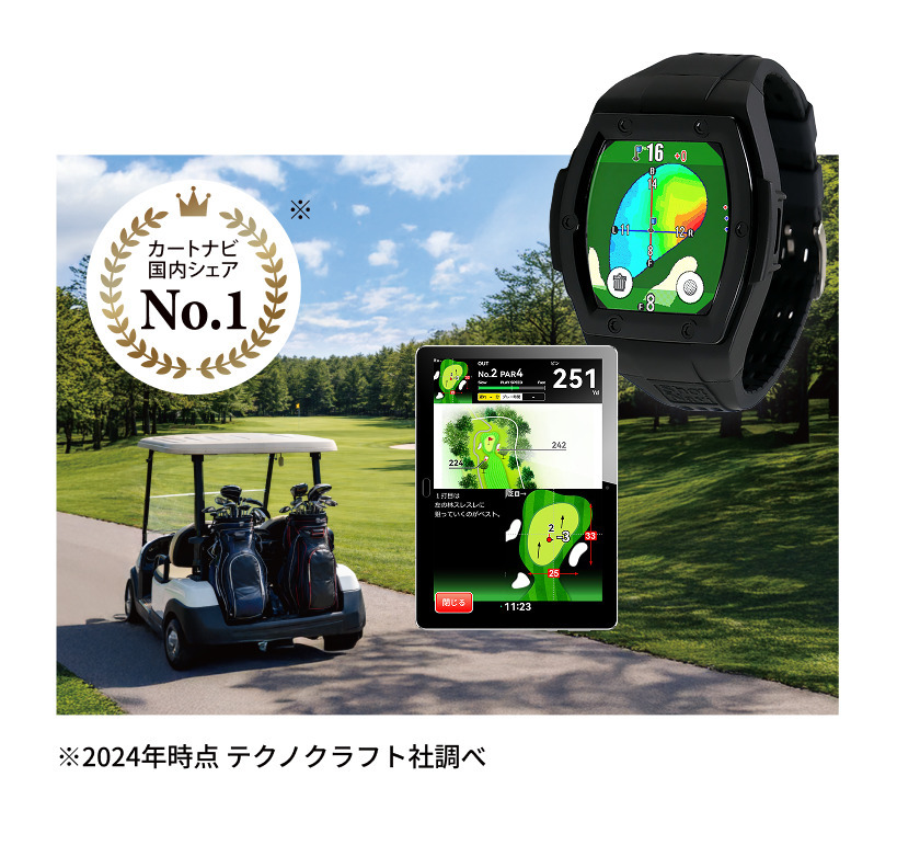腕時計型GPSゴルフナビが国内シェアNo.1カートナビ (※2024年時点テクノ