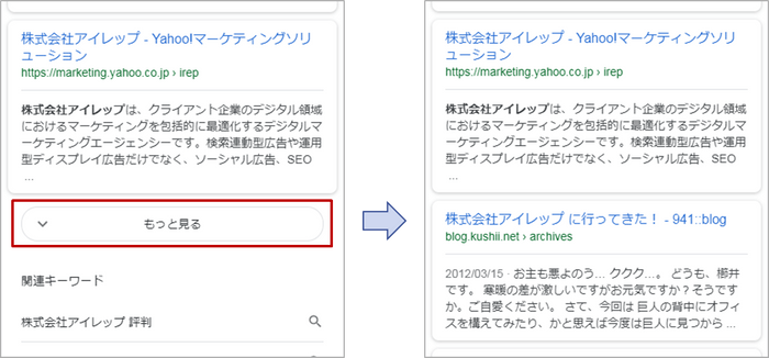 【アイレップ：図】Google モバイル検索（www.google.co.jp）にて「アイレップ」での検索結果の表示例