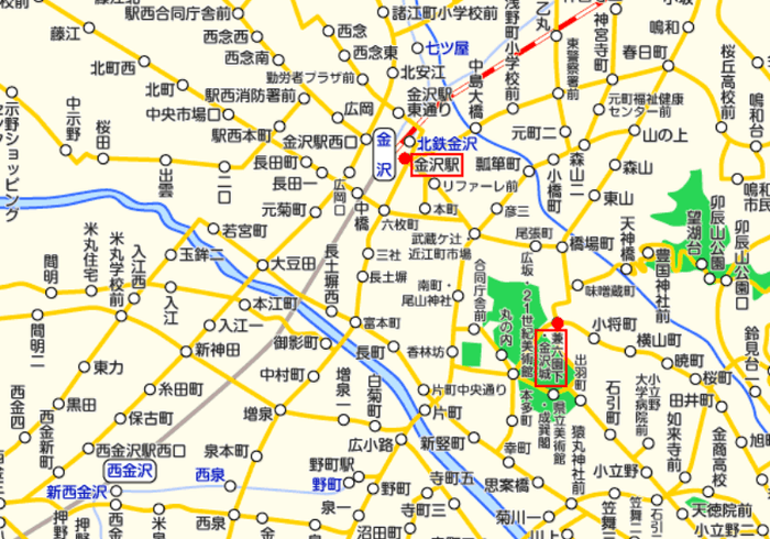 金沢周辺の「駅すぱあと」バス路線図（一部）