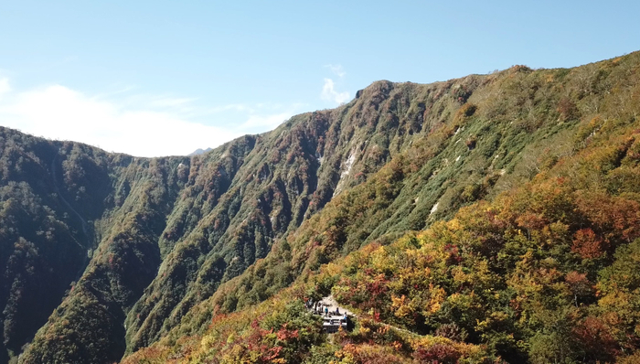 小遠見山トレッキングコースにある見返り坂と遠見尾根の紅葉。