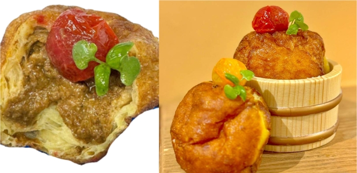 キーマカレー生ドーナツ~男気トマトのせ(左は中身の様子)