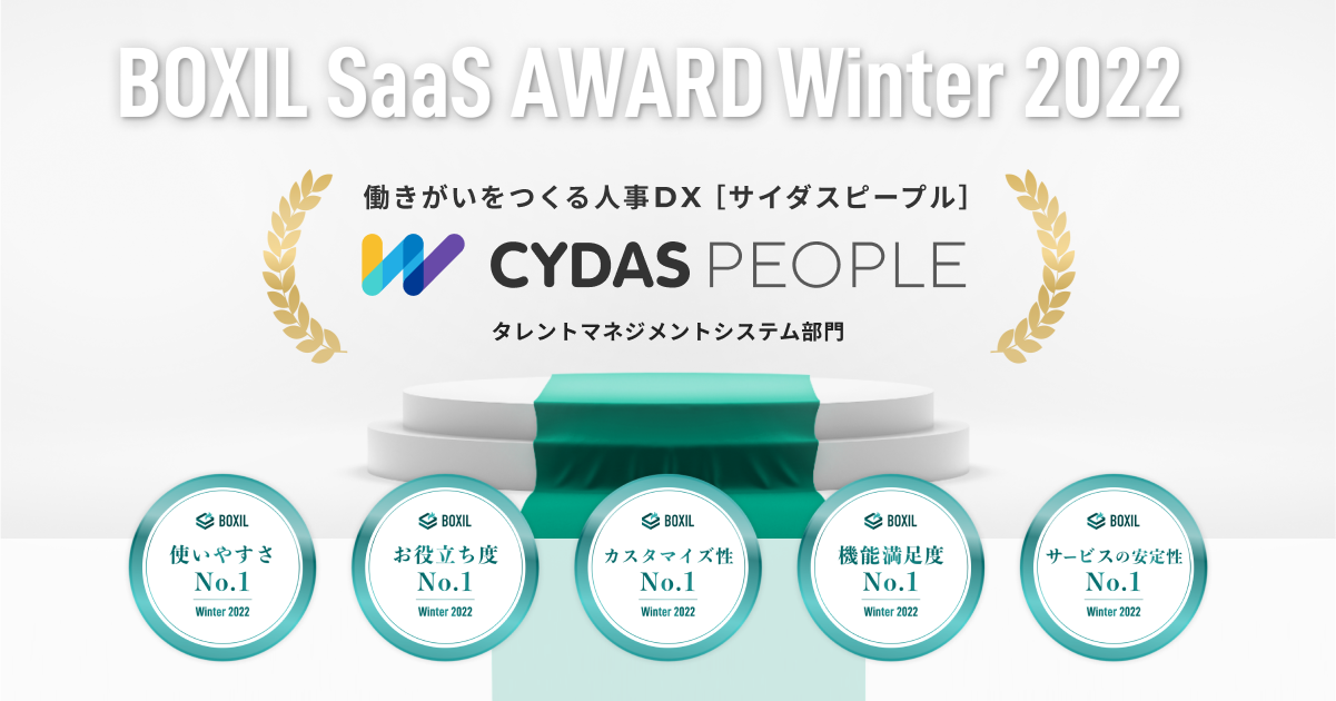 CYDAS PEOPLEが「BOXIL SaaS AWARD Winter 2022」タレントマネジメントシステム部門で「使いやすさNo.1」ほか4つのNo.1に選出