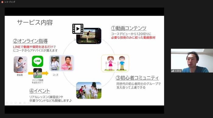 （オンラインゴルフスクールの事業内容を解説する古賀さん）