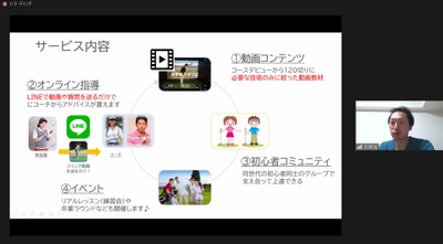 (オンラインゴルフスクールの事業内容を解説する古賀さん)