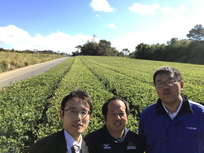 生産者農家 豊村 友樹氏(中)を囲んで東酒造(左)お茶の沢田園(右)