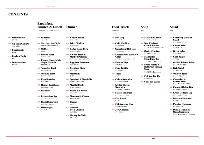 はじめに/NYの食文化/調味料/道具/ブレックファースト、ブランチ & ランチ/ディナー/フードトラック/スープ/サラダ/ブレッド/ベイクドトリーツ/トリーツ/ドリンク/アぺタイザー&アルコール/ストックとソース／保存食/おわりに