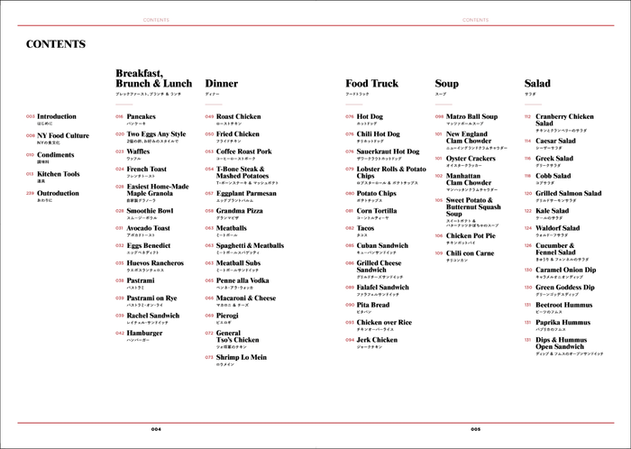はじめに/NYの食文化/調味料/道具/ブレックファースト、ブランチ & ランチ/ディナー/フードトラック/スープ/サラダ/ブレッド/ベイクドトリーツ/トリーツ/ドリンク/アぺタイザー&アルコール/ストックとソース/保存食/おわりに