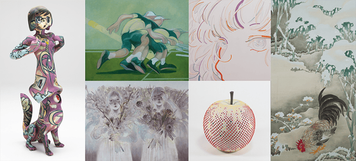 左から時計回りに:日野田 崇「地軸のずれる音」(2019年)撮影:福永 一夫、 北澤 観世「spot/空振り」(2024年)、平良 菫「Line with the purpose(部分)」(2022年)、 平井 美羽「雪中雄鶏図」(2023年)、岡安 真美「再生」(2023年)/参考作品、 大西 佑奈「秘密」(2021年)