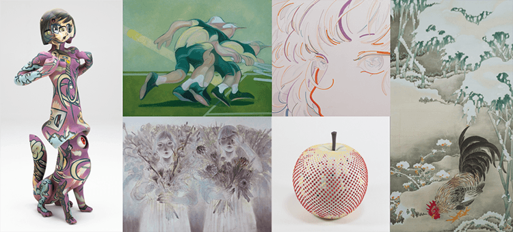 左から時計回りに:日野田 崇「地軸のずれる音」(2019年)撮影:福永 一夫、 北澤 観世「spot/空振り」(2024年)、平良 菫「Line with the purpose(部分)」(2022年)、 平井 美羽「雪中雄鶏図」(2023年)、岡安 真美「再生」(2023年)/参考作品、 大西 佑奈「秘密」(2021年)