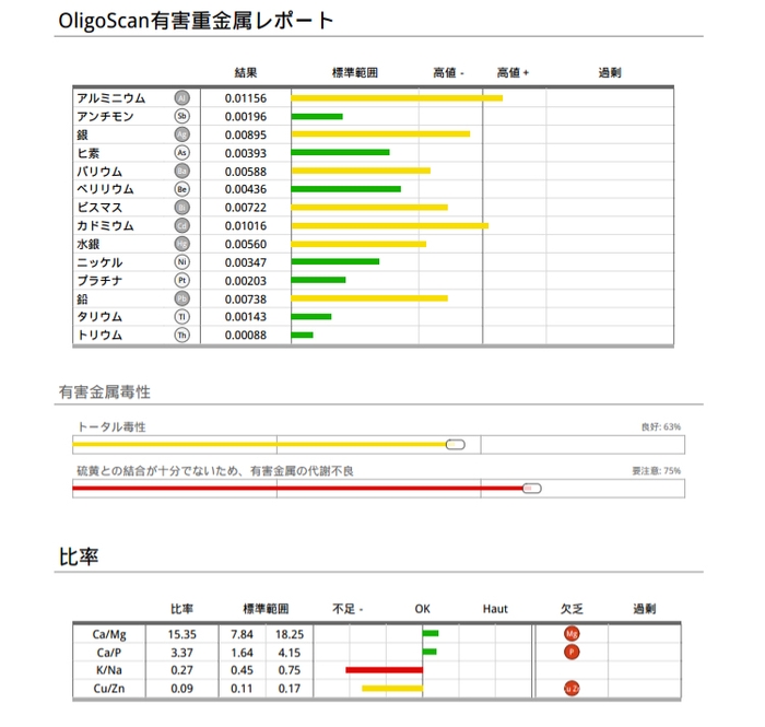 セミナーで使用するレポート例(2)有害重金属の蓄積度合い