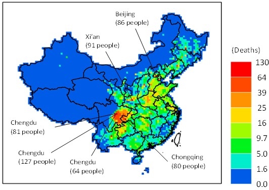 図：中国石炭火力発電所（316基）由来の大気汚染物質による早期死亡者数の緩和ポテンシャル（人）※45km²のグリッド別　1.色が赤いグリッドは、その地域の早期死亡の改善可能性が特に高いことを示す　2.具体的に、成都（Chengdu）や西安（Xi’an）、北京（Beijing）や重慶（Chongqing）等のグリッドに、高い早期死亡者数の緩和可能性が存在することがわかる