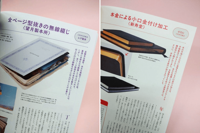 左）全ページ型抜きの無線綴じ　右）本金による小口金付け加工