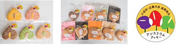 アンスリウムクッキー（グリム製造〈左〉、竹屋菓子店製造〈中〉）、共通シール（右）