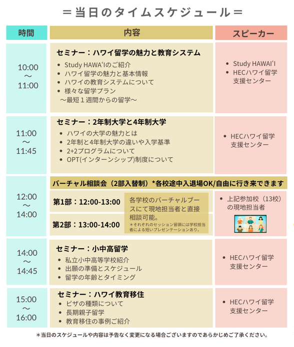 「ハワイ留学フェア　2025」当日のスケジュール
