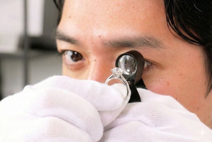 ダイヤモンドのリングを査定するおもいおの鑑定士の画像
