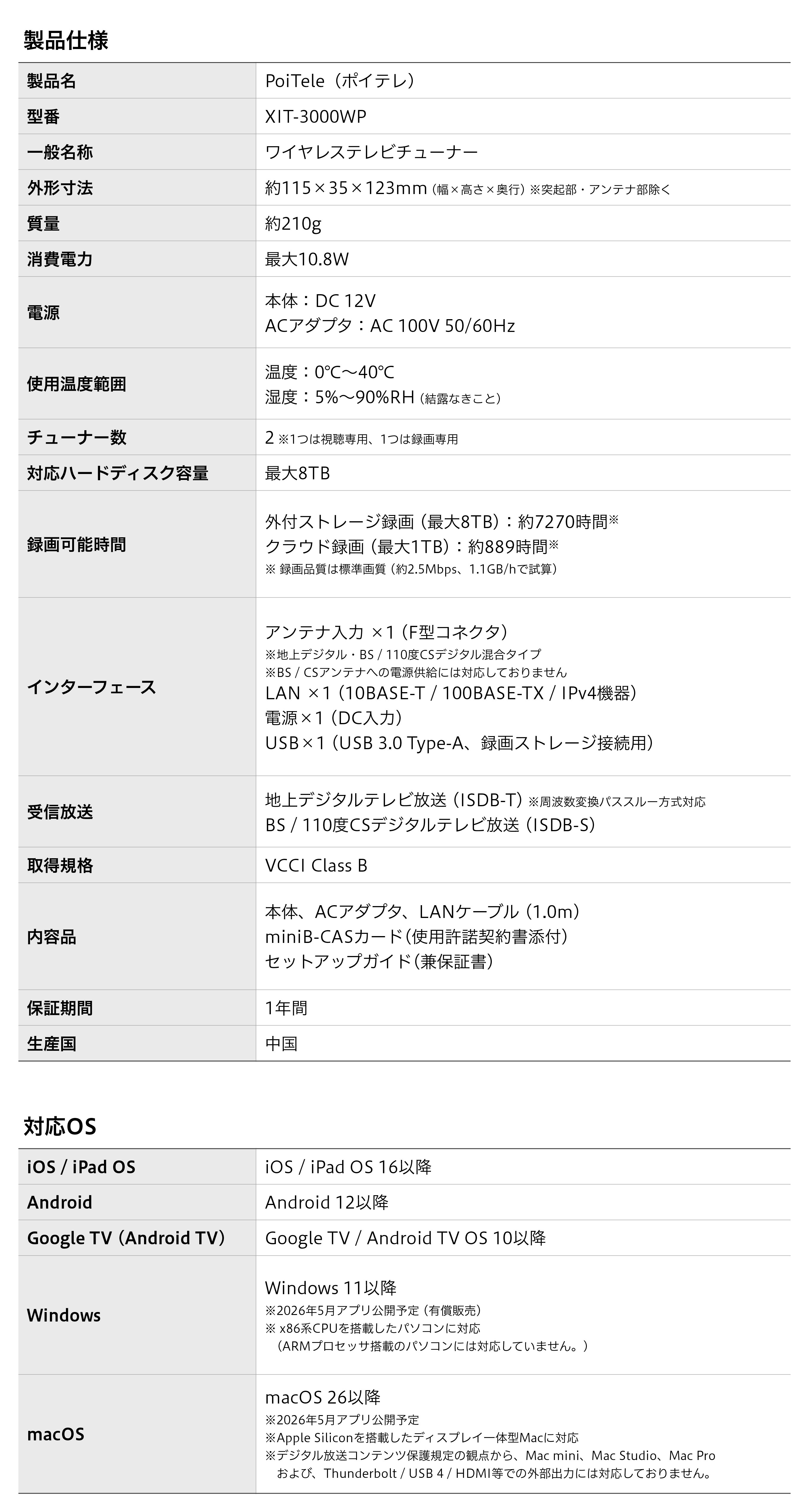 製品仕様・対応OS