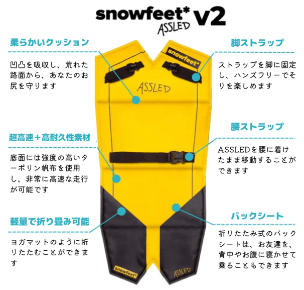 安全性も兼ね備えた「着るソリ」、Snowfeet ASSLED（スノーフィートアスレッド）