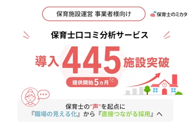 保育士の“声”を起点に、「職場の見える化」から「直接つながる採用」へ― 保育施設運営企業・法人向け「保育士のミカタ」 口コミ分析の無料法人登録が400施設を突破(提供開始5ヵ月、445施設) 保育士と保育事業者が“直接”求人を相談しあえる仕組みも展開