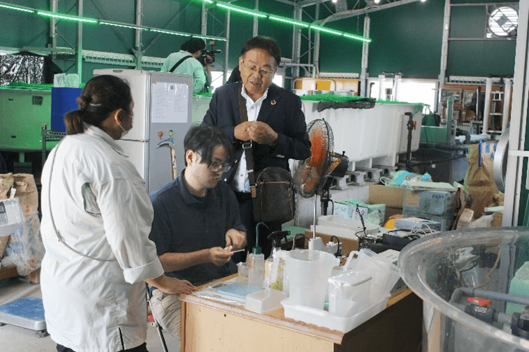 養殖担当の河野さん(左)と三輪さん(中央)にアドバイスする山本准教授