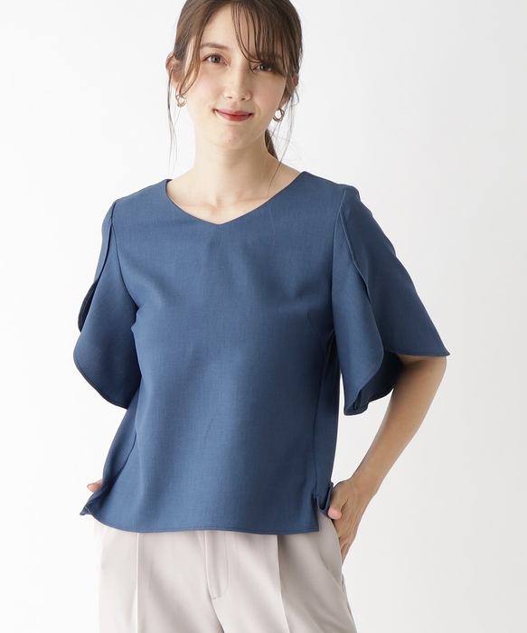 リネンタッチベルスリーブブラウス(インディゴ)