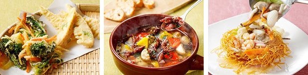(左から)【和】桜香る筍の天麩羅と春野菜かき揚げ 【洋】ホタルイカとマッシュルームのアヒージョ 【中】皿うどん