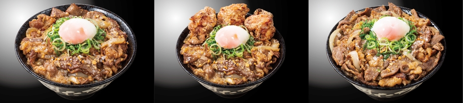 左から『豪快W牛岩塩焼肉丼』980円(税込)　『唐揚げ合盛り　豪快W牛岩塩焼肉丼』1,180円(税込)　『豪快W牛岩塩焼肉丼　肉ざんまい盛り』1,380円(税込)
