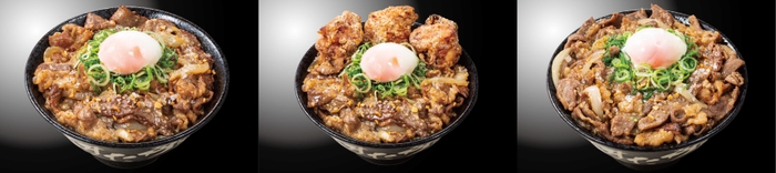 左から『豪快W牛岩塩焼肉丼』980円(税込)　『唐揚げ合盛り　豪快W牛岩塩焼肉丼』1&#44;180円(税込)　『豪快W牛岩塩焼肉丼　肉ざんまい盛り』1&#44;380円(税込)