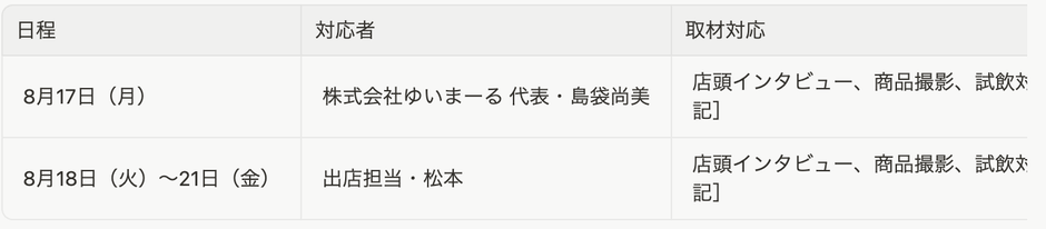 取材対応担当者スケジュール