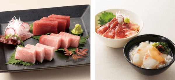 近大マグロセット（左）、近大マグロ漬け丼＆近大鯛茶漬け（右）