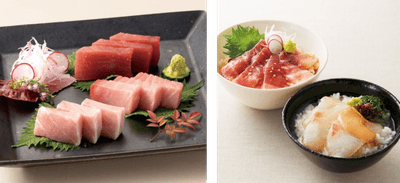近大マグロセット（左）、近大マグロ漬け丼＆近大鯛茶漬け（右）