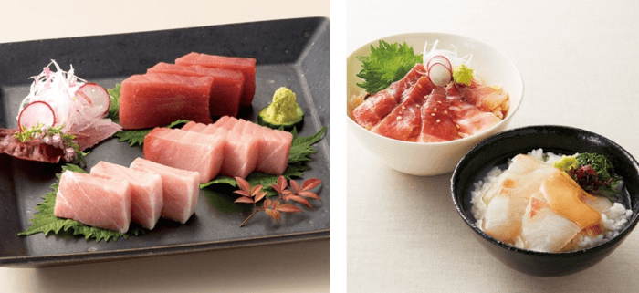 近大マグロセット（左）、近大マグロ漬け丼＆近大鯛茶漬け（右）
