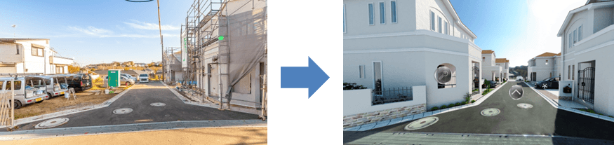 建設予定地写真に建物外観3Dパースを合成