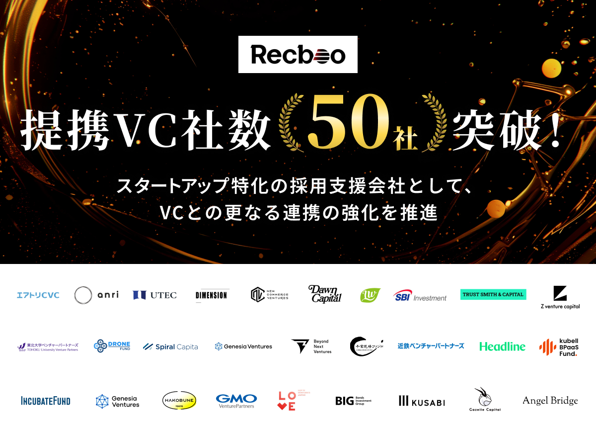 当社子会社のノックラーン社が運営するスタートアップ特化型の採用支援サービス「Recboo」 が国内の主要VCとの提携社数50社を突破！