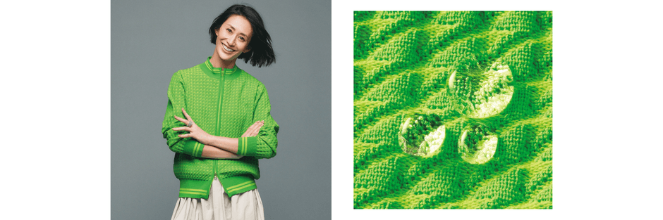 写真<左>ニットジップブルゾン <右>はっ水機能の糸を使用