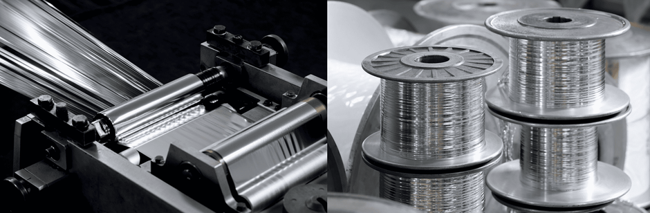(左)アルミ蒸着フィルムをスリットと同時に巻き付け。特殊な機械により、ねじれずに巻き付けられることがポリエステル糸との同時編織を可能にしている。(右)ねじれずに巻き付けられたアルミの糸