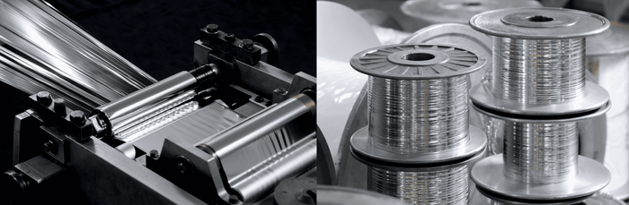 (左)アルミ蒸着フィルムをスリットと同時に巻き付け。特殊な機械により、ねじれずに巻き付けられることがポリエステル糸との同時編織を可能にしている。(右)ねじれずに巻き付けられたアルミの糸