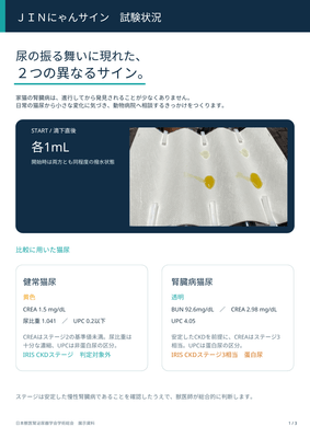図:『JINにゃんサイン』滴下試験の開始状況と、比較検証に用いた猫尿の臨床指標(健常猫尿 vs 腎臓病猫尿)
